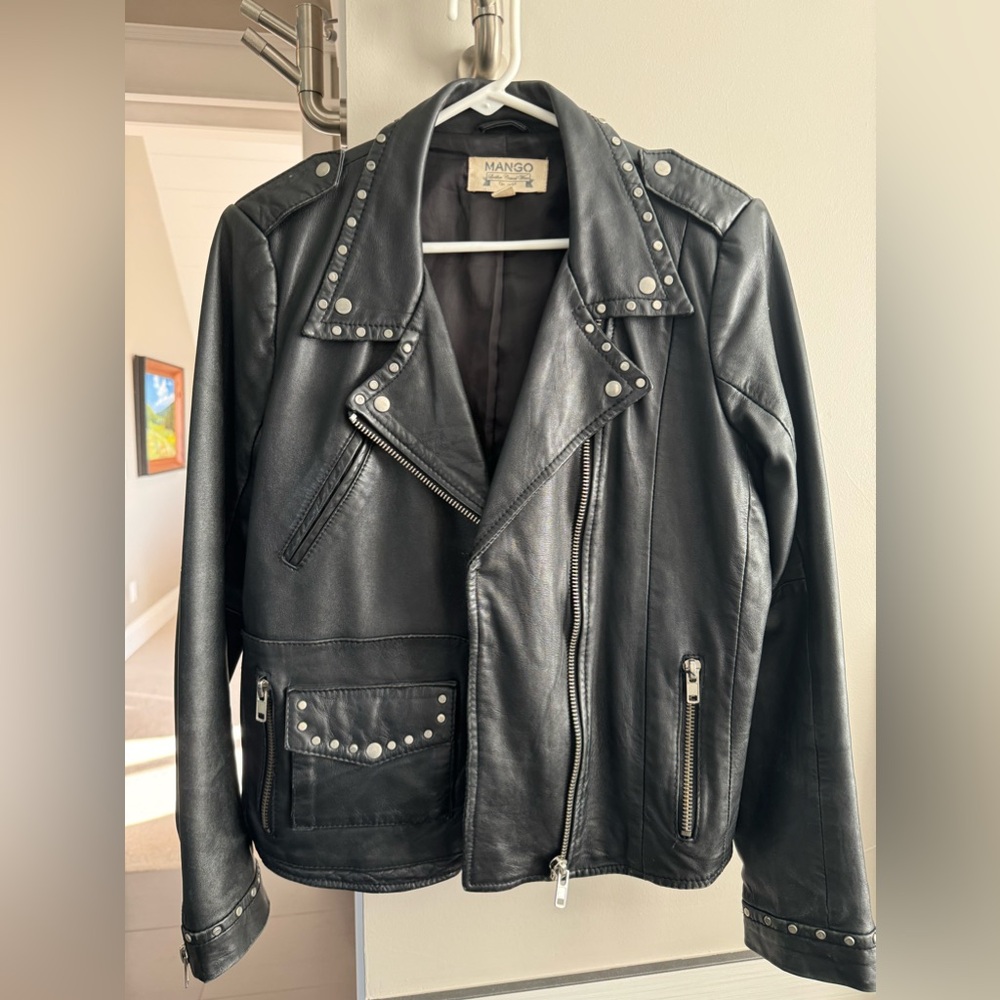 Mango leather moto jacket with stud details